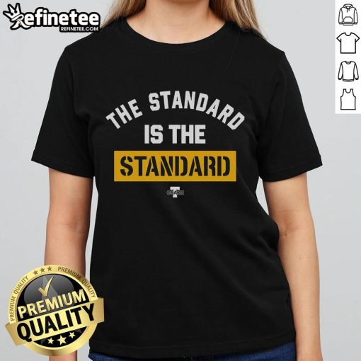 Good Pat Freiermuth wearing the Standard is the Standard ladies tee, showcasing team spirit and style.