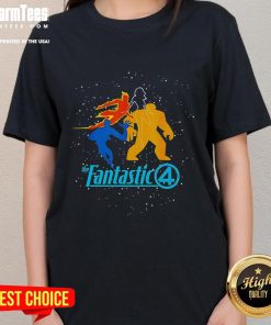Good The Fantastic Four First Steps team logo on a ladies tee, showcasing vibrant design and superhero theme.