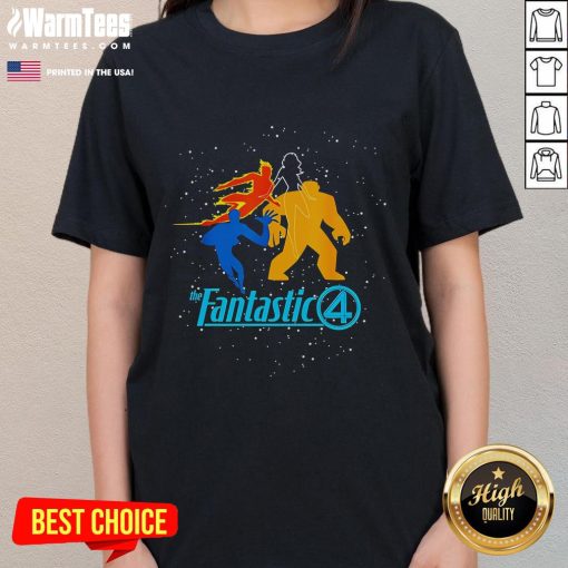 Good The Fantastic Four First Steps team logo on a ladies tee, showcasing vibrant design and superhero theme.