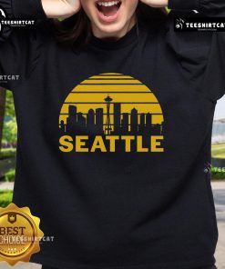 Vintage Seattle Washington cityscape sweatshirt featuring iconic skyline and colorful design, perfect for city lovers.