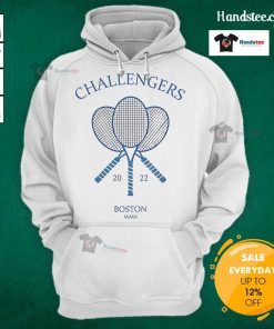 Alt Text: Zendaya wearing a stylish hoodie at the 2022 Boston Challengers tennis event, showcasing her sporty fashion.