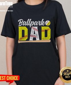 Happy dad wearing a 'Baseball Softball Dad' tee at the ballpark, enjoying time with his kids during a game.