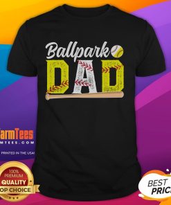 Happy Ballpark Dad wearing a Baseball Softball Dad Of Ballers T-Shirt, showcasing pride in his kids' sports achievements.