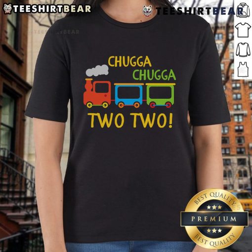 Happy Chugga Chugga Two Two Birthday Train Ladies Tee featuring colorful train graphics and festive birthday design.