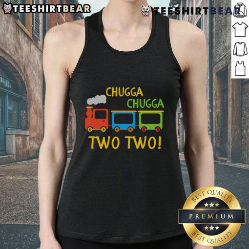 Happy Chugga Chugga Two Two Birthday Train tank top featuring colorful train graphics for kids' birthday celebrations.