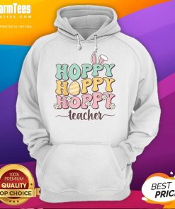Alt Text: Happy Easter Teacher Bunny design on a retro hoodie featuring colorful Easter eggs for festive classroom style.