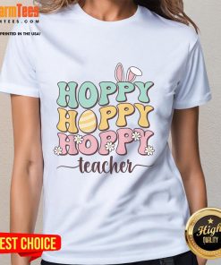 Happy Easter Teacher Bunny with colorful Easter eggs on a retro tee design for ladies celebrating the holiday.