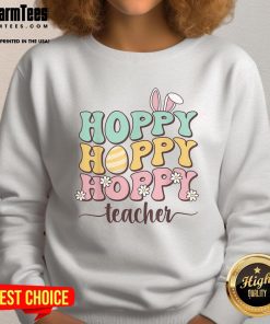Happy Easter Teacher Bunny sweatshirt featuring retro design and colorful Easter eggs for festive classroom style.