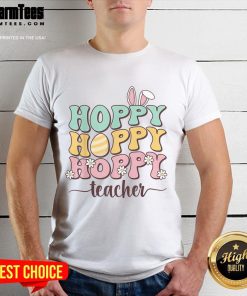 Happy Easter Teacher Bunny T-Shirt featuring a retro design with colorful Easter eggs, perfect for festive classroom celebrations.