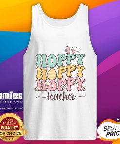 Happy Easter Teacher Bunny with colorful Easter eggs on a retro tank top design, perfect for festive classroom celebrations.