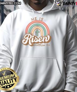 Vintage Easter hoodie featuring a rainbow cross and the text 'Happy He Is Risen' for a festive spring celebration.