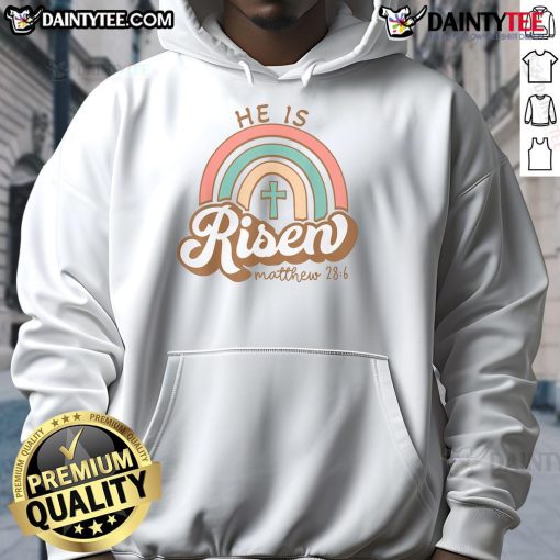 Vintage Easter hoodie featuring a rainbow cross and the text 'Happy He Is Risen' for a festive spring celebration.
