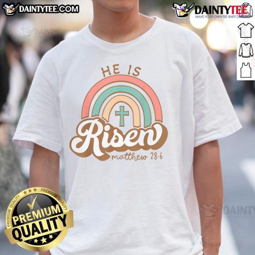 Vintage Easter T-Shirt featuring a rainbow cross and the text 'Happy He Is Risen' for festive spring celebrations.