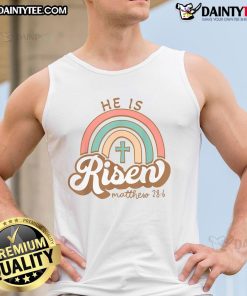 Vintage Easter tank top featuring a rainbow cross and the phrase 'Happy He Is Risen' for festive spring celebrations.