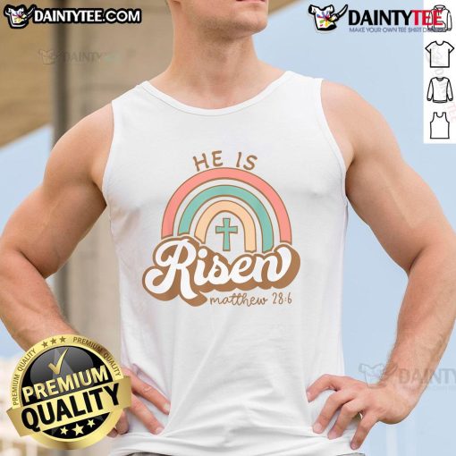 Vintage Easter tank top featuring a rainbow cross and the phrase 'Happy He Is Risen' for festive spring celebrations.