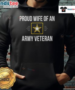 Happy proud wife of an army veteran wearing a hoodie, showcasing love and support for her veteran husband.