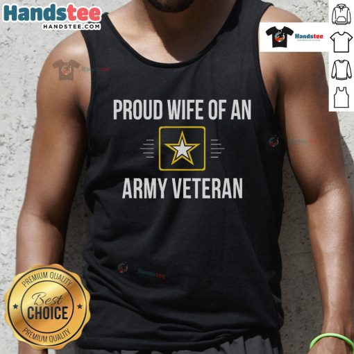 Happy proud wife of an army veteran wearing a tank top, showcasing love and support for her veteran husband.