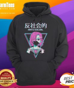 Alt Text: Hot antisocial vaporwave anime girl wearing a Japanese hoodie, showcasing vibrant colors and trendy streetwear style.