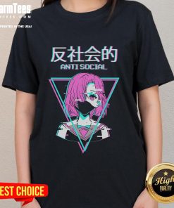 Hot antisocial vaporwave anime girl graphic on Japanese ladies tee, featuring vibrant colors and trendy aesthetics.
