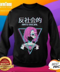 Hot antisocial vaporwave anime girl in a stylish Japanese sweatshirt, showcasing vibrant colors and trendy streetwear.