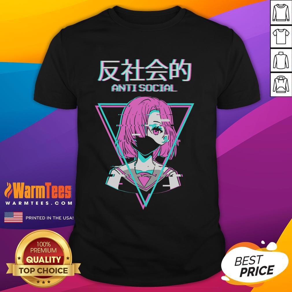 Hot Antisocial Vaporwave Anime Girl Japanese T Shirt Hot antisocial vaporwave anime girl graphic on a Japanese T-shirt, perfect for trendy fashion enthusiasts and anime lovers.