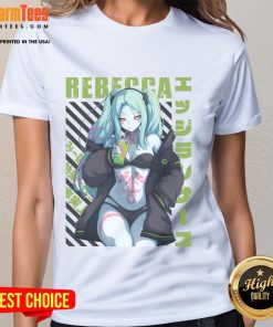 Hot Cyberpunk Edgerunners Rebecca ladies tee featuring vibrant artwork and stylish design for fans of the series.