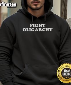 Activist wearing a 'Hot Fight Oligarchy' hoodie, standing boldly against corporate greed in a dynamic protest scene.