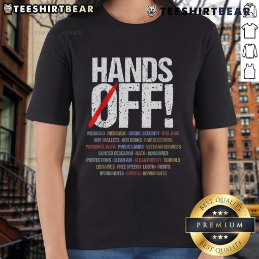 Hot Hands Off Protest Ladies Tee featuring a bold graphic for women's rights activism in stylish, comfortable design.