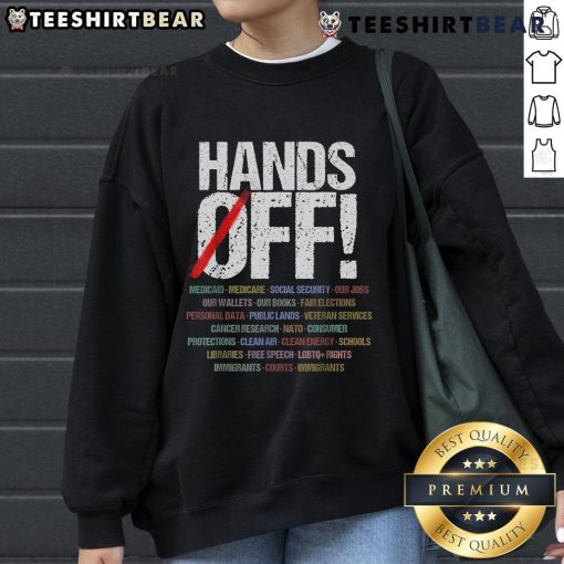 Alt Text: Hot Hands Off Protest Sweatshirt featuring bold text design promoting social justice and activism.