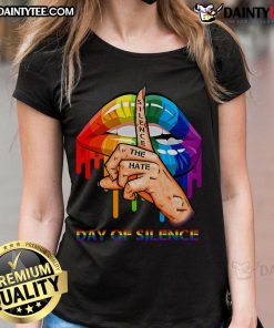 Hot LGBT Silence the Hate Day of Silence Ladies Tee showcasing vibrant colors and a powerful message of inclusivity.
