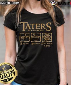 Hot Taters Po-Ta-Toes Ladies Tee featuring fun potato cooking phrases for food lovers and kitchen enthusiasts.