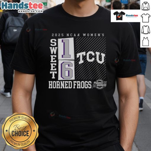 Alt Text: Hot TCU Horned Frogs 2025 NCAA Women's Basketball Tournament Sweet 16 No Look Pass T-Shirt for fans.