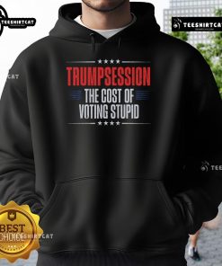 Alt Text: Hot Trump Recession hoodie featuring bold text on the cost of voting, perfect for political statement fashion.