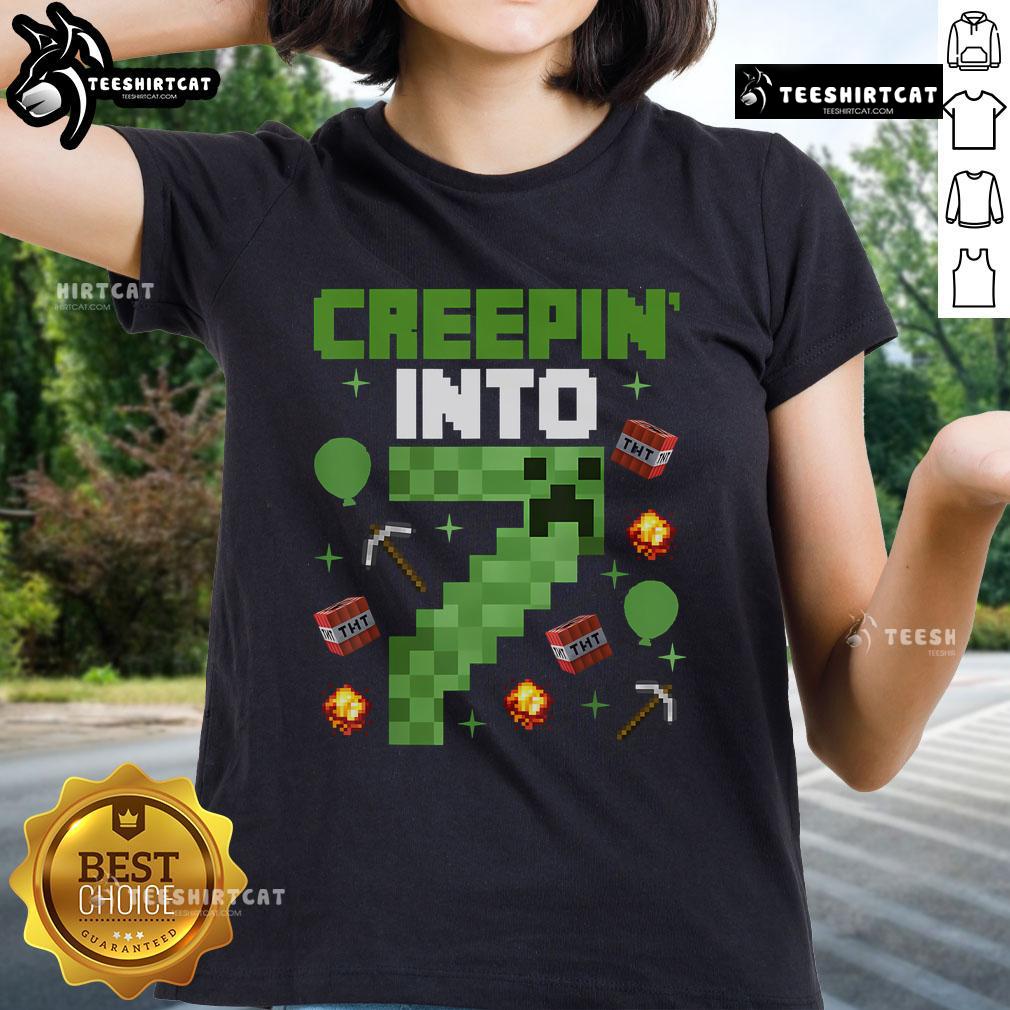 Nice 7Th Birthday Gamer Pixel Creepin' Into 7 Video Game Party Ladies Tee Colorful Nice 7th Birthday Gamer Tee featuring pixel art, perfect for a video game party celebration for kids.
