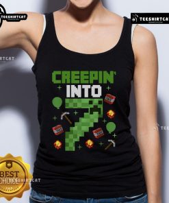 Colorful pixel art design on a tank top for a 7th birthday gamer themed party featuring Creepin character.