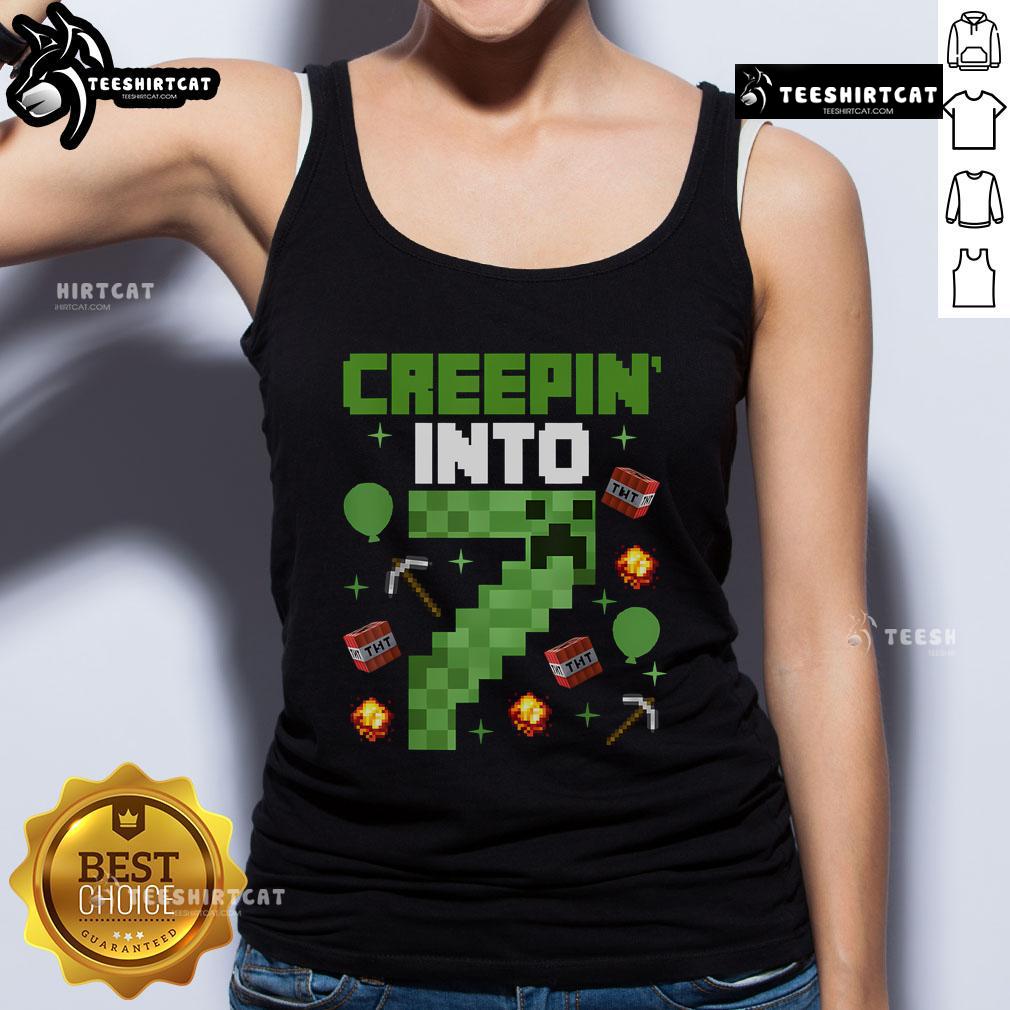 Nice 7Th Birthday Gamer Pixel Creepin' Into 7 Video Game Party Tank Top Colorful pixel art design on a tank top for a 7th birthday gamer themed party featuring Creepin character.
