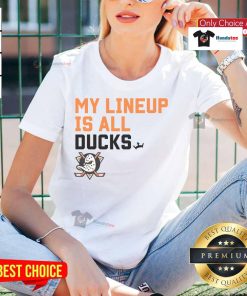 Alt Text: Stylish Nice Anaheim Ducks My Lineup Ladies Tee featuring team logo and vibrant colors for female hockey fans.