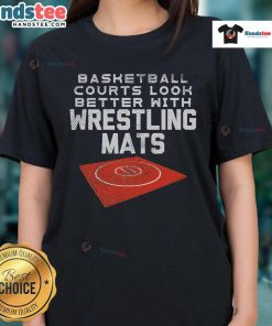 Stylish ladies' tee featuring nice basketball courts enhanced with wrestling mats for a unique sports look.
