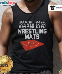 Stylish tank top featuring a design of nice basketball courts with wrestling mats for sports enthusiasts.