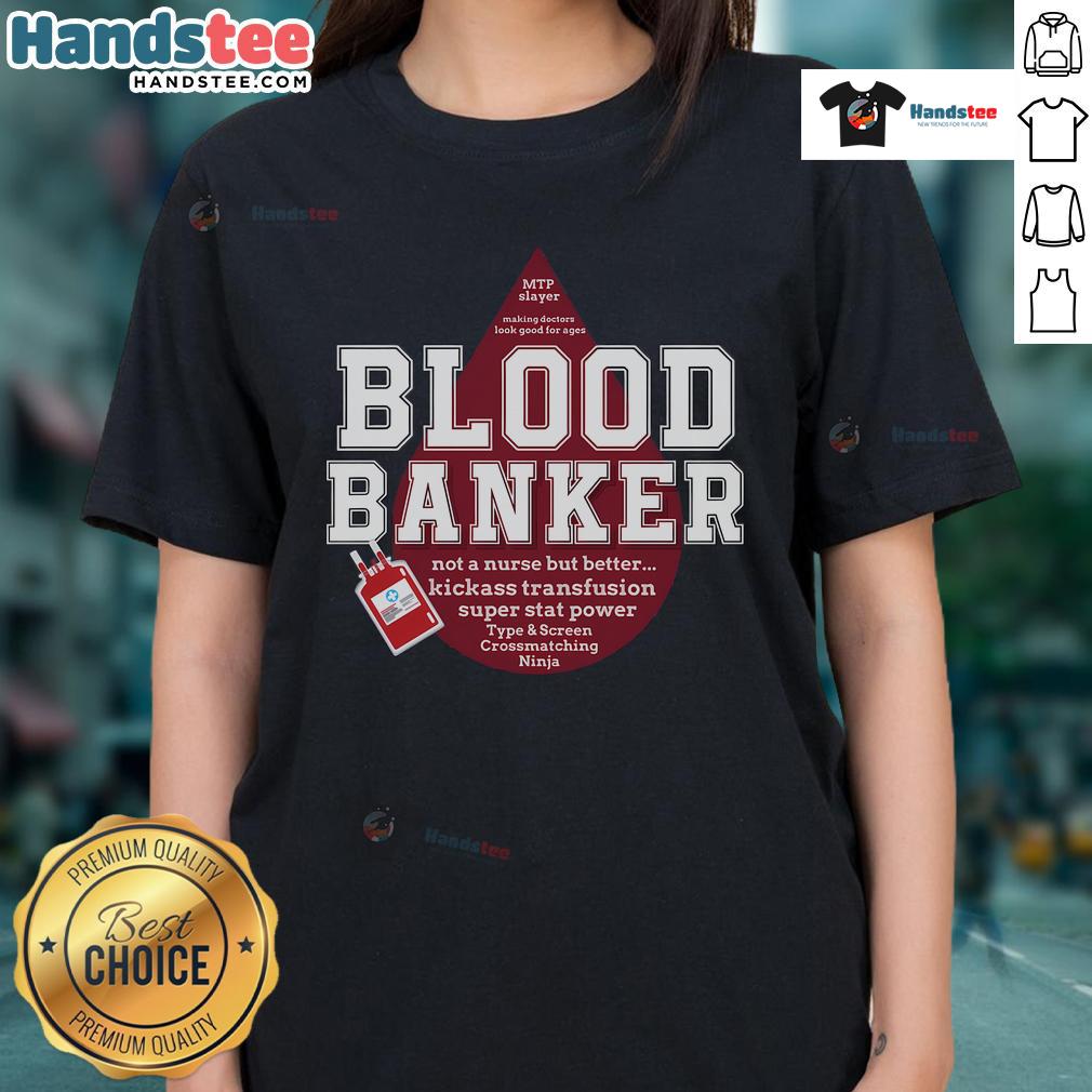 Nice Blood Bank Medical Lab Scienc Lab Tech Lab Scientist Lab Week Ladies Tee Lab scientist in a medical lab wearing a Nice Blood Bank tee, celebrating Lab Week with a smile.