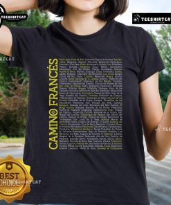 Camino de Santiago Frances Pilgrim Way of Saint James stages graphic on a ladies tee, showcasing vibrant pilgrimage design.
