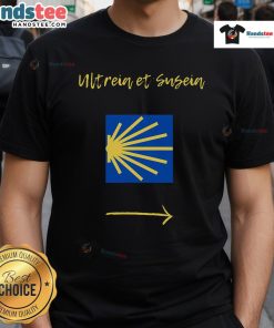 Alt Text: Stylish Camino de Santiago T-shirt featuring iconic symbols of the pilgrimage route, perfect for hiking enthusiasts.