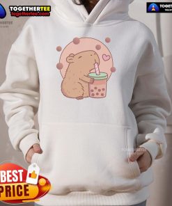 Cute capybara in a bubble tea hoodie, showcasing the lovely capyboba design with vibrant colors and playful expression.