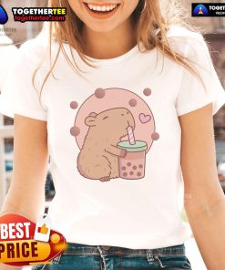 Adorable capybara enjoying bubble tea, featured on a stylish ladies' tee, perfect for capybara and boba milk tea lovers.