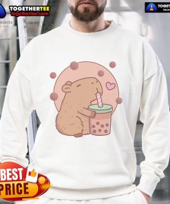 Cozy sweatshirt featuring a cute capybara enjoying bubble tea, perfect for capyboba and boba milk tea lovers.