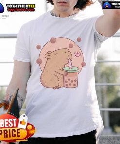 Adorable capybara enjoying bubble tea on a stylish 'Capyboba' T-shirt, perfect for animal lovers and boba enthusiasts.