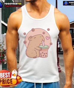 Adorable capybara enjoying bubble tea in a cute tank top, perfect for capyboba and boba milk tea lovers.