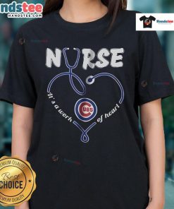 Chicago Cubs Nurse 'It's A Work Of Heart' Ladies Tee showcasing team spirit and nursing pride in vibrant colors.
