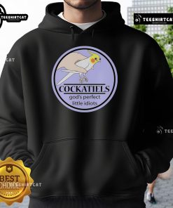 Cozy hoodie featuring cute cockatiels with the phrase 'God's Perfect Little Idiots' for bird lovers and pet enthusiasts.