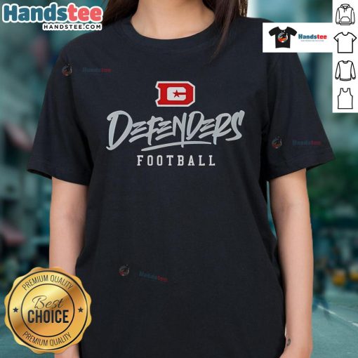 Stylized text 'Nice DC Defenders' on a ladies tee, perfect for fans of the DC Defenders football team.